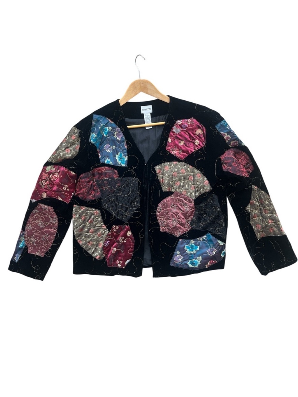 CHICO’S Velvet Patchwork Silk Blend Boho Wearable Art Jacket Size 1
